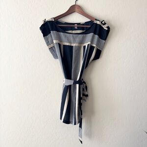 Satiny striped blue and white tie-waist top